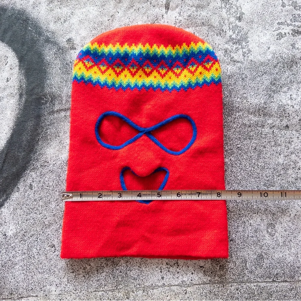 Vintage 70s 80s Knit Balaclava Ski‎ Mask Red Rainbow Fair Isle Pattern